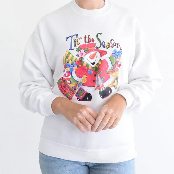 Vintage Jerzees White Snowman Ugly Christmas Tis The Season Crewneck Sweater M - Picture 2 of 11